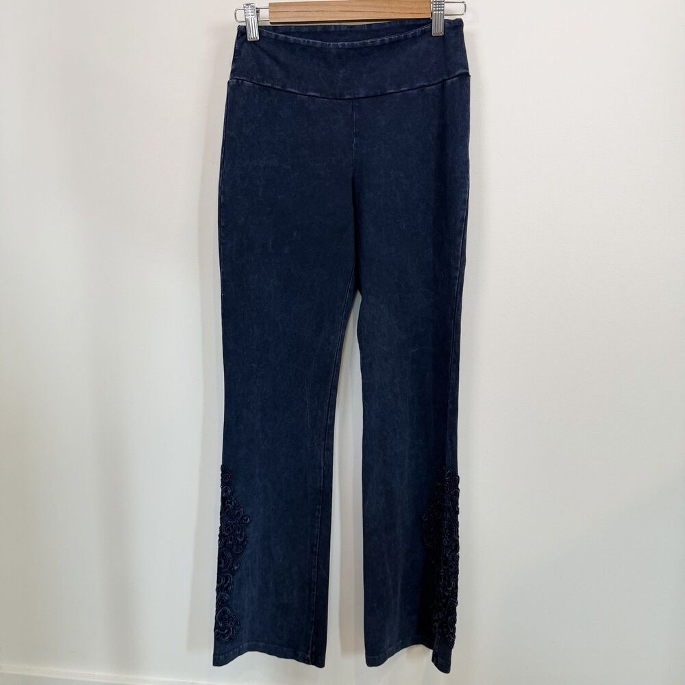 Chatoyant Pants Women Medium Blue Mineral Wash Lace Crochet Stretch Soft Flare